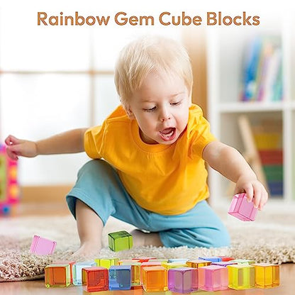 Woodtoe Wooden Building Blocks Set for Kids, 36 PCS Rainbow Acrylic Gem Blocks - 3 Wood House, Montessori Stacking Toy for Toddlers, Educational STEM Birthday Creative Toy Gift for Boys Girls 3-6 - style: 36 PCS Rainbow Blocks Set