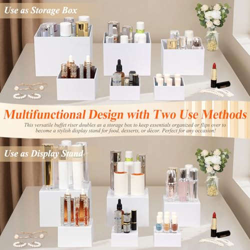 6 Pcs White Acrylic Buffet Risers with Mini Sign and Maker, Food Display Stands for Buffet Table Party Catering Dessert Jewelry Collectibles,Nesting Cube Boxes with Hollow Bottoms (8",7",6",5",4",4") - size: 8" 7" 6" 5" 4" 4"