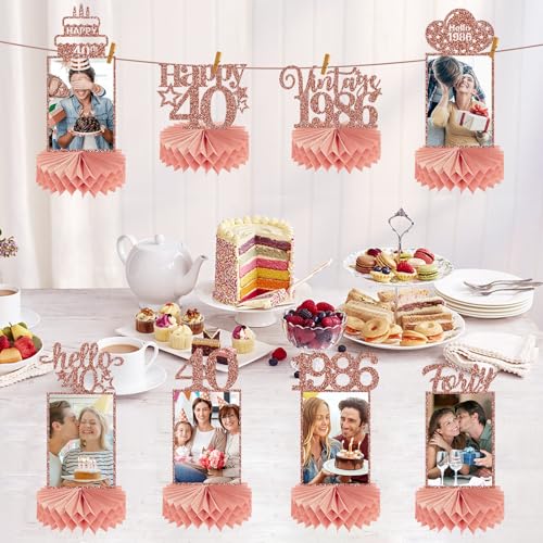 Guiruiy 8Pcs Happy 40th Birthday Decorations Honeycomb Centerpieces for Women, Pink Rose Gold Glitter Hello 1986 40 Birthday Photo Table Centerpieces Party Supplies, Pink Forty Bday Photo Table Topper - style: Rose Gold 40th