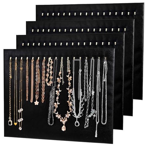 4 Pcs Black Jewelry Display Stands, Leather Necklace Organizer Boards with 17 Hooks for Selling, Shop Store Showcase, Chain Pendant Bracelet Storage