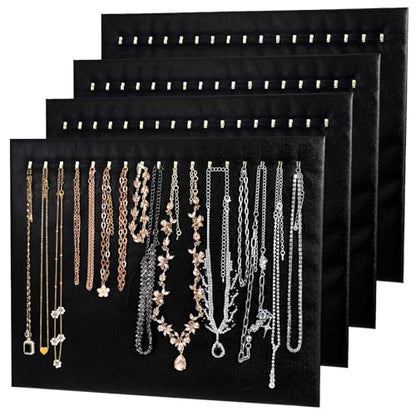 4 Pcs Black Jewelry Display Stands, Leather Necklace Organizer Boards with 17 Hooks for Selling, Shop Store Showcase, Chain Pendant Bracelet Storage