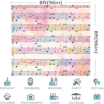 8x8FT Pink Theme Music Notes Backdrop Colourful Music Notation Photography Background for Newborn Girl Baby Shower 1st Birthday Senior Pictures Party Decorations Photo Booth Props Supplies - size: 8x8ft