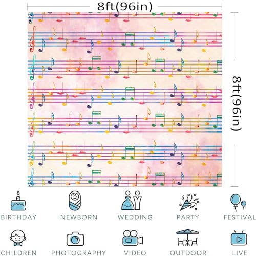 8x8FT Pink Theme Music Notes Backdrop Colourful Music Notation Photography Background for Newborn Girl Baby Shower 1st Birthday Senior Pictures Party Decorations Photo Booth Props Supplies - size: 8x8ft