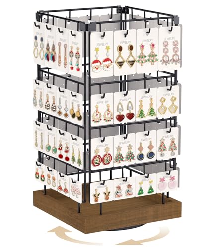 MODOWEY 360 Rotating Earring Cards Organizer Holder Stands for Selling Vendors, 64 Hooks Jewelry Display Tree, Large Capacity Storage Wood Rack Tower Women Dresser Stud Pierced, Brown - color: Brown