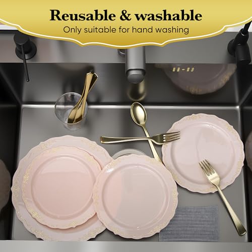 Fijinhom 175 PCS Pink Disposable Plates, Elegant Dinnerware Set for 25 Guests, 50 Plastic Plates, 75 Silverware, 25 Cups & 25 Paper Napkins, Pink - color: Pink Gold Pattern, size: 25 Guests-175pcs