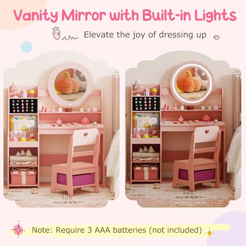 Costzon Kids Vanity, Girls Vanity Set with Mirror and Lights, Jewelry Storage, Shelves, Princess Toddler Makeup Vanity Desk Dressing Table, Wooden Kids Vanity Table and Chair Set (Pink) - style: Pink with Jewelry Storage