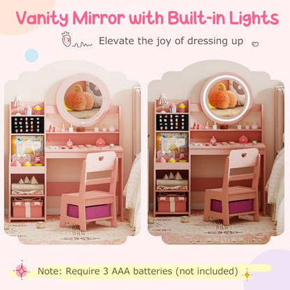 Costzon Kids Vanity, Girls Vanity Set with Mirror and Lights, Jewelry Storage, Shelves, Princess Toddler Makeup Vanity Desk Dressing Table, Wooden Kids Vanity Table and Chair Set (Pink) - style: Pink with Jewelry Storage