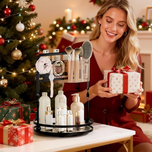 360 Rotating Makeup Organizer, Black Perfume Organizer for Dresser, 2-Tier Bathroom Countertop Organizer, Lazy Susan Skincare Storage, Spinning Vanity Tray with Jewelry Hooks & Brush Holder - color: Black