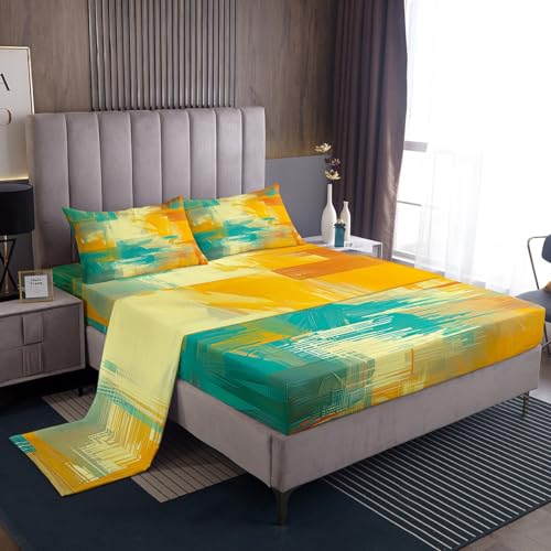 Erosebridal Teal Yellow Fitted Sheet Twin Ombre Sheet Set for Kids Boys Girls Teens Adult,Hip Hop Texture Bed Sheets Retro Watercolor Grunge Hippie Top Sheet Modern Abstract Art Room Decor - color: Multi 15, size: Twin