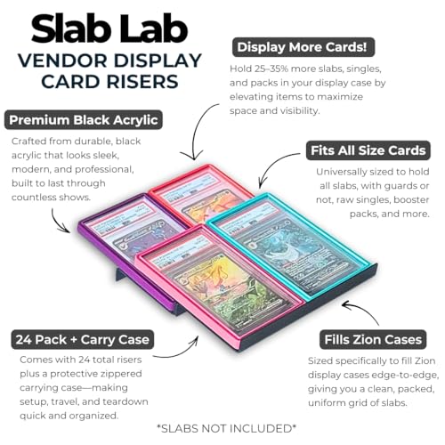 24 Modular Card Risers for Display Cases | Black Acrylic Cardshow Vendor Showcase Stands for Graded Trading Cards and Singles