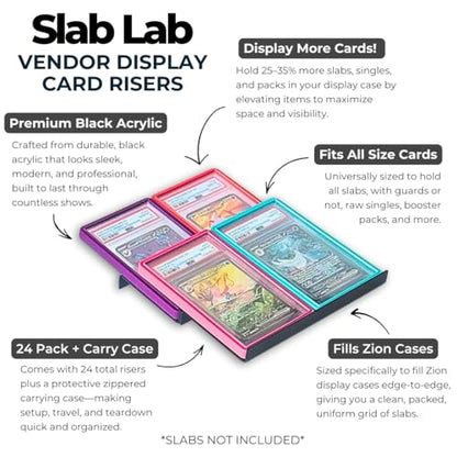 24 Modular Card Risers for Display Cases | Black Acrylic Cardshow Vendor Showcase Stands for Graded Trading Cards and Singles