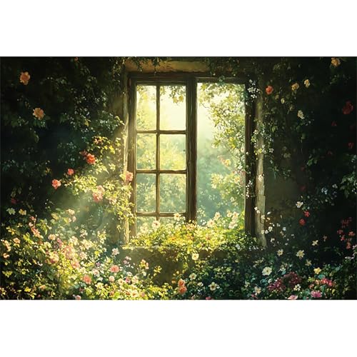 5x3ft Spring Window Photography Backdrops Sunshine Oil Painting Flowers Background Cloth for Marriage Valentines Mothers Day Engagement Party Decoration Photo Props Background Supplies - color: green and pink-2, size: 5x3ft
