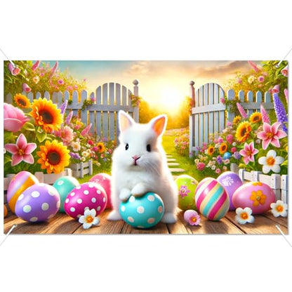 BlissYard Happy Easter Party Backdrop Banner Spring Easter Bunny Backdrop White Rabbit Colorful Easter Eggs Photography Background Floral Rabbit Easter Baby Shower Jesus Party Photo Props 71 x 43 - color: Easter Bunny#7