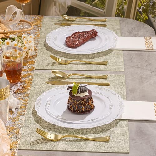 Fijinhom 175 PCS White and Gold Disposable Plates, Elegant Dinnerware Set for 25 Guests, 50 Plastic Plates, 75 Silverware, 25 Cups & 25 Paper Napkins, White and Gold - color: White and Gold Pattern, size: 25 Guests-175pcs