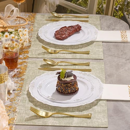 Fijinhom 350 PCS White and Gold Disposable Plates, Elegant Dinnerware Set for 50 Guests, 100 Plastic Plates, 150 Silverware, 50 Cups & 50 Paper Napkins, White and Gold - color: White and Gold Pattern, size: 50 Guests-350pcs