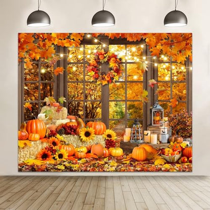 Fall Thanksgiving Backdrop for Photography 10x8ft Autumn Forest Window Pumpkin Haystack Sunflower Photo Backdrop Maple Leaves Path Friendsgiving Party Decor Baby Shower Kids Adult Portrait Photo Props