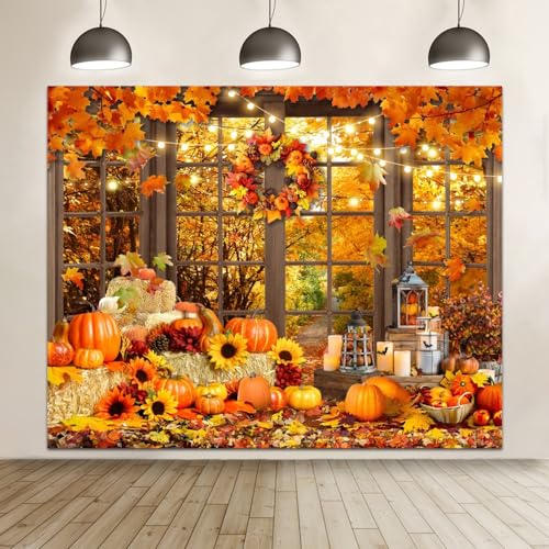 Fall Thanksgiving Backdrop for Photography 10x8ft Autumn Forest Window Pumpkin Haystack Sunflower Photo Backdrop Maple Leaves Path Friendsgiving Party Decor Baby Shower Kids Adult Portrait Photo Props
