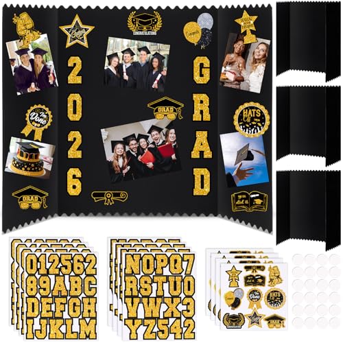 AmazingSpark 4 Sets 24 x 16 Trifold Poster Board for Graduation Photo Display Board with 12 Grad Themed Stickers for 2026 Presentation Party Decor Event Collage Frame Supplies(Black Gold) - color: Black Gold, size: 24 x 16"