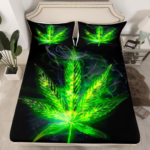 Erosebridal Leaves Sheet Set King Size Boho Leaf Bed Sheet for Kids Teens Adult Bedroom - Deep Pockets Fitted Sheet, 1 Flat Sheet, 2 Pillow Cases - 4 Piece, Black Green - color: Color 5, size: King