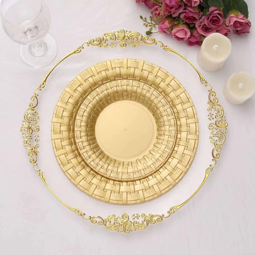 Efavormart 10-Pack 7" Gold Round Disposable Salad Plates, Basketweave Rim Plastic Dessert Plates for Upscale Parties & Birthdays - color: Gold, size: 7"