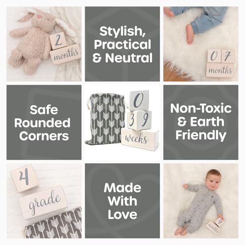 Pondering Pine Baby Milestone Blocks - Natural White Stain Pine Wood with Weeks Months Years Grade - Milestones Age Block Set with Bag, Newborn Weekly Monthly First Year Picture Props, Earth Friendly - color: White, size: 3 Piece
