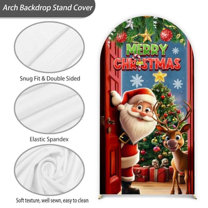 Merry Christmas Arch Backdrop Stand Cover 7.2ft Red Arch Wall Backdrop Christmas Day Round Top Cover Spandex Fabric 2-Sided for Winter Party Xmas Family Holiday Photo - color: Christmas1, size: 7.2FT