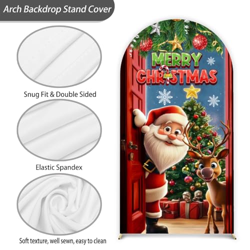 Merry Christmas Arch Backdrop Stand Cover 7.2ft Red Arch Wall Backdrop Christmas Day Round Top Cover Spandex Fabric 2-Sided for Winter Party Xmas Family Holiday Photo - color: Christmas1, size: 7.2FT
