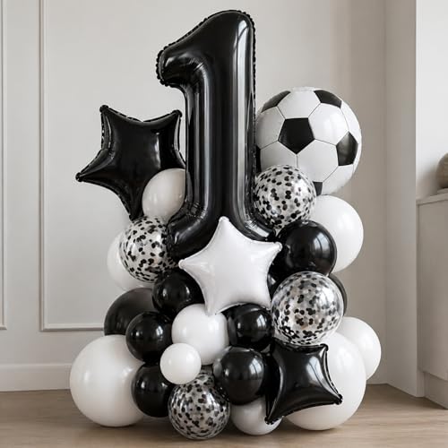 Soccer Balloons, 12Inch Black White Soccer Printed Latex Balloons, 18 Inch Black and White Star Foil Balloon with Confetti Helium Balloon for Sport Football Theme Boy Men Birthday Party Decorations - color: Soccer Black White