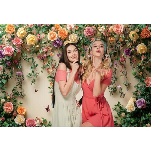 5x3ft Flowers Wall Photography Background Butterfly Spring Floral Botanical Banner Backdrop Vintage Wedding Birthday Backdrop Decorations Girls Party Table Cake Decoration Photo Props - color: pink and yellow, size: 5x3ft