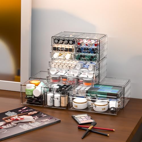 Cq acrylic 4 Pack Clear Acrylic Drawer Organizer Countertop,Stackable 13 Drawers Makeup Storage, Cube Make up Organizer for dresser Hair Clip,Beauty Product Desk and Bathroom Organizers and Storage - size: Large 13 Drawers