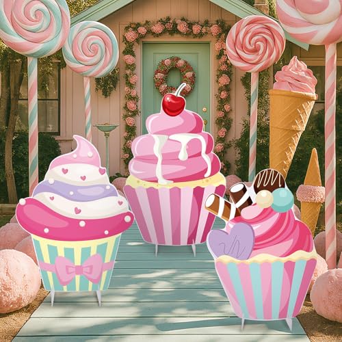 Soulchen 3 Pcs 24 Inch Large Cupcake Cardboard Cutout Photo Props Stand up Candy Land Party Decorations Cupcake Backdrop Yard Signs Christmas Candyland Party Supplies for Birthday Baby Shower - style: Cupcakes Party