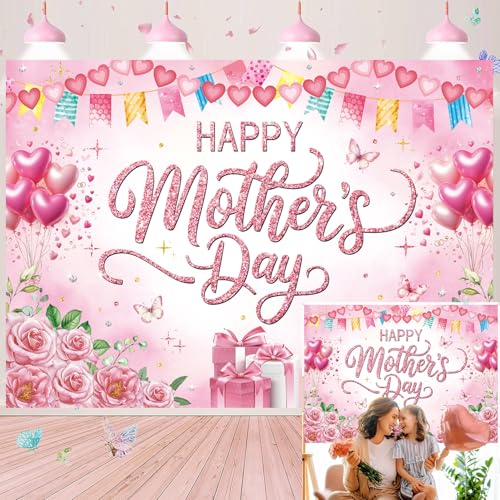 Happy Mother's Day Backdrop 7x5ft Pink Rose Floral Polyester Photography Background for Party Photo Booth Studio Banner Photoshoot Decoration - size: 7x5FT