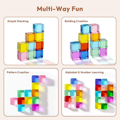 Woodtoe Rainbow Building Blocks for Toddlers, 24 PCS Acrylic Gem Cubes Stacking Blocks, Montessori Stacking Toy for 3 4 5 6 Year Old, Educational STEM Creative Sensory Toy Gifts for Kids Boys Girls - style: 24 PCS Rainbow Stacking Blocks