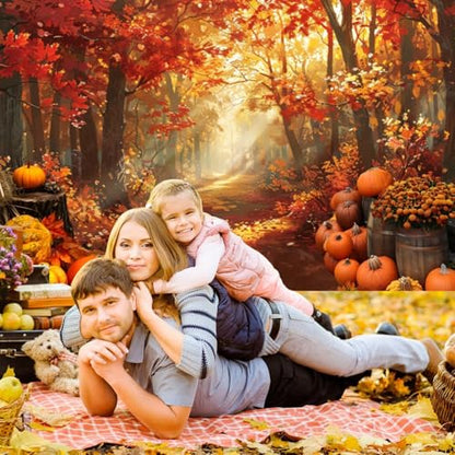 deFouliao Fall Backdrop for Photography Autumn Harvest Thanksgiving Maple Leaves Pumpkins Flowers Background Banner Thanksgiving Party Supplies Photo Booth Props, 12x8ft - color: Gold and Red, size: 12x8ft