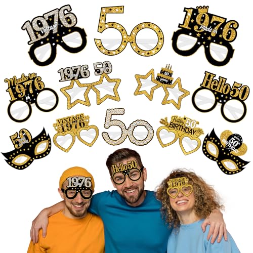 Turypaty 24Pcs 1976 50th Birthday Paper Glasses Decorations for Men Women - Black Gold Happy 50th Birthday Paper Eyeglasses Photo Props, Vintage 1976 Fifty Years Old Birthday Party Supplies - style: Black Gold 50th