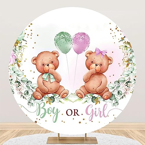 Laeacco 7.2x7.2ft Bear Gender Reveal Round Backdrop Boy or Girl Baby Shower Circle Backdrop Watercolor Balloon Eucalyptus Photography Background for Newborn Neutral Reveal Party Portrait Booth Props - size: 7.2x7.2ft-Diameter