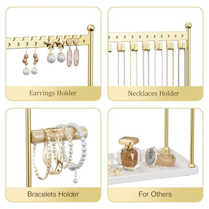 3 Tier Gold Jewelry Stand, Necklace Organizer, Earring Holder with 44 Holes and 9 Hooks, for Necklaces, Bracelets, Rings - color: Gold