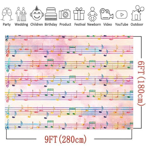 9x6FT Pink Theme Music Notes Backdrop Colourful Music Notation Photography Background for Newborn Girl Baby Shower 1st Birthday Senior Pictures Party Decorations Photo Booth Props Supplies - size: 9x6ft