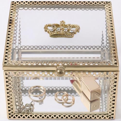 Veemoon Elegant Small Glass Jewelry Storage Box Clear Decorative Jewelry Display Case Lady Square Keepsake Box Trinket Organizer Vintage Make up Storage can for Earrings Pendants Cosmetic, 3.5×2.3"