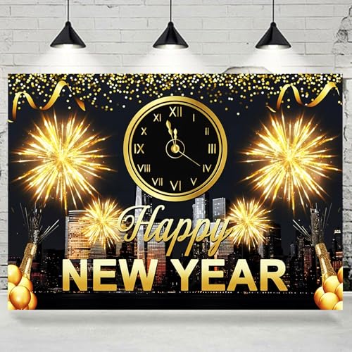 Withu 2026 Happy New Year Backdrop Black Night Glitter Gold Fireworks City Clock Countdown Festival Family Friends Merry Christmas Eve Photo Background Party Decorations Banner 7x5ft