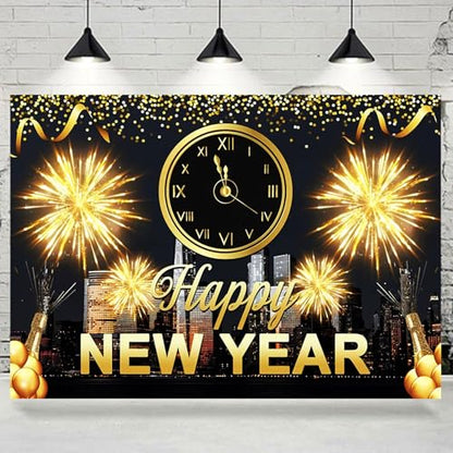 Withu 2026 Happy New Year Backdrop Black Night Glitter Gold Fireworks City Clock Countdown Festival Family Friends Merry Christmas Eve Photo Background Party Decorations Banner 7x5ft