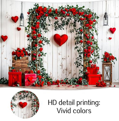 6 x 4 ft Valentine's Day Backdrop Rustic Barn White Wall Red Rose Love Heart Balloon Background Wedding Bridal Party Valentine's Day Engagement Backdrops Portrait Photo Booth Props - color: Red4, size: 6x4ft
