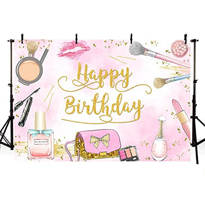 Sendy 7x5ft Makeup Happy Birthday Backdrop for Girl Pink Makeup Spa Glamour Cosmetics Photography Background Adult Women Makeup Birthday Party Decorations Banner Photo Booth Props