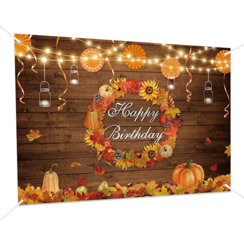 AIBIIN Fall Birthday Banner Backdrop Autumn Rustic Wood Wall Photography Background Thanksgiving Pumpkin Maple Leaf Harvest Wreath Mexican Paper Fan Party Decoration Bday Cake Smash Photo Studio Props - size: 7x5ft