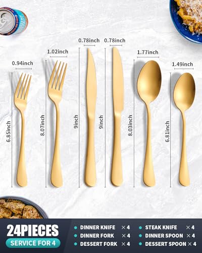 24-Pieces Matte Gold Silverware Set with Steak Knives,Stainless Steel Flatware Set,Cutlery Set Service for 6, Tableware Kitchen Utensil Set,Dishwasher Safe - color: Matte Gold, size: 24 Pieces Set