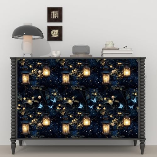 Dark Wallpaper Peel and Stick Night Forest Contact Paper Vintage Green Leaf Wall Paper Vinyl Waterproof Self Adhesive Retro Lantern Butterfly Walls Mural for Bedroom Cabinet Table Décor17.5" x 118" - color: Dark, size: 17.5" x 118"