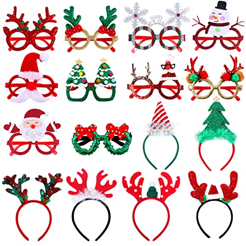 Atonofun Christmas Party Favors, 16 Pcs Glittered Headbands and Glasses Frames Set With Assorted Design for Party Supplies, Gifts for Adults Kids
