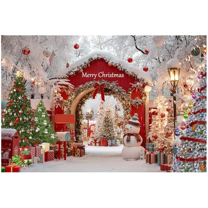 Christmas Photography Backdrop - Merry Christmas Banner, Snowy Winter Wonderland, Christmas Trees, Red Archway, Snowman - Xmas Party Decoration Photo Booth Prop Background Cloth (5x3 FT)