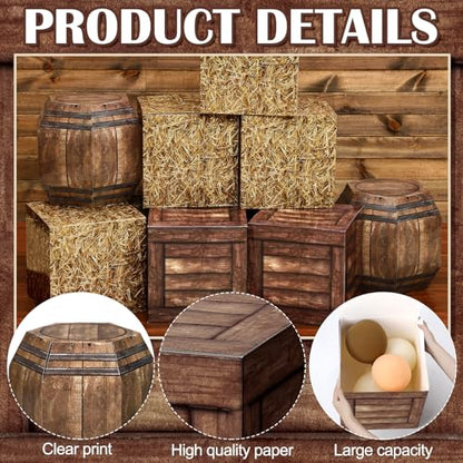Threehoney 8 Pcs Western Cowboy Party Decorations 11.8 Inches Summer Halloween Hay Bales Boxes Decor Include Wood Grain Wine Barrel Boxes Hay Decoration for Pirate Farmhouse Western Themed Party