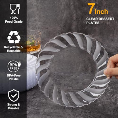 U-QE 100 Pieces Clear Plastic Plates - 7 Inch Plastic Dessert Plates Disposable - Washable & Reusable - Premium Hard Clear Fancy Disposable Heavy Duty Cake Platos for Party, Weddings and Events - color: 7Inch-100pcs-Clear